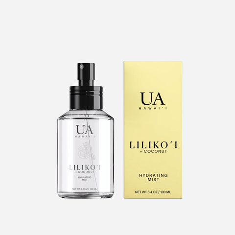 UA Hawaii Liliko'i + Coconut hydrating mist bottle and packaging on a white background