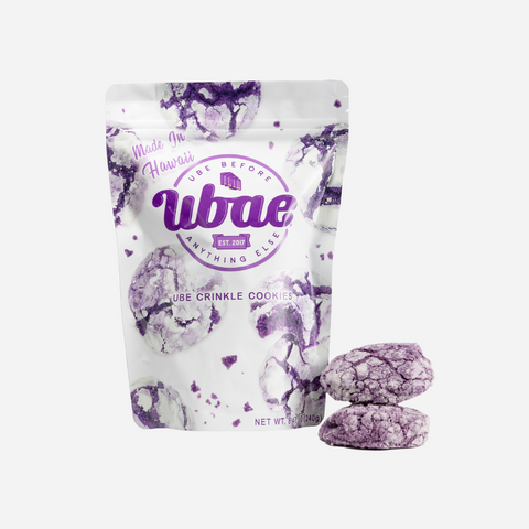 Packaging of Ubae crinkle cookies with cookies displayed on a white background