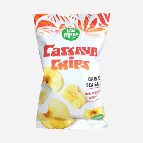 Packaging of cassava chips with garlic sea salt flavor on a white background