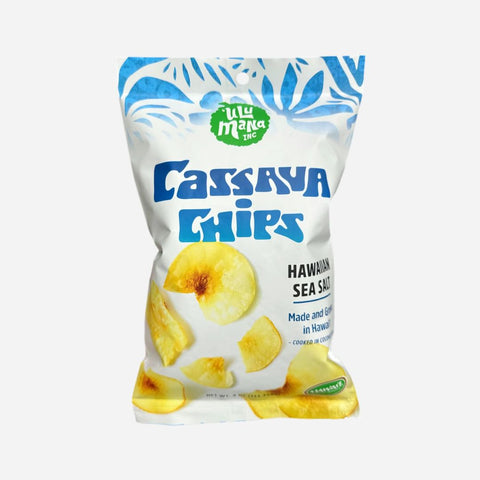 Bag of cassava chips with blue and white packaging on a white background