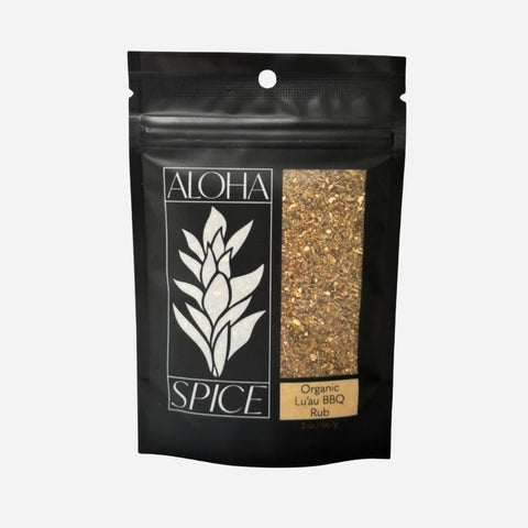 Aloha Spice Organic Luau BBQ Rub packaging on a white background
