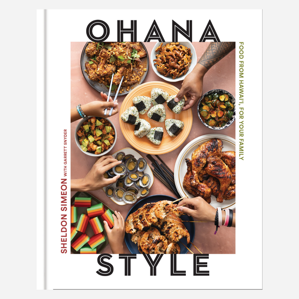 Book cover of 'Ohana Style' with people sharing food, featuring various dishes.
