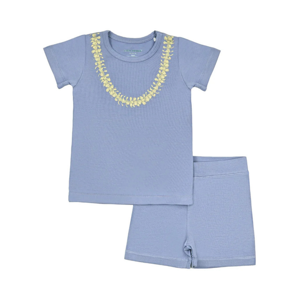 Children's blue outfit with yellow embroidery on a white background