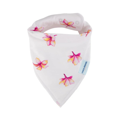 White bandana bib with pink floral patterns on a white background