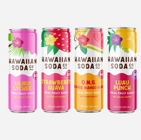 Four aluminum cans of Hawaiian Soda Co. fruit soda arranged side by side on a light gray background.