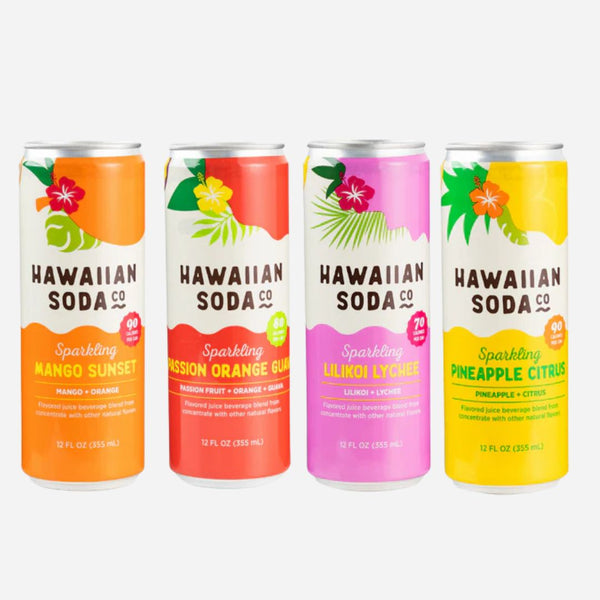 Four cans of Hawaiian Soda Co. with colorful labels on a white background