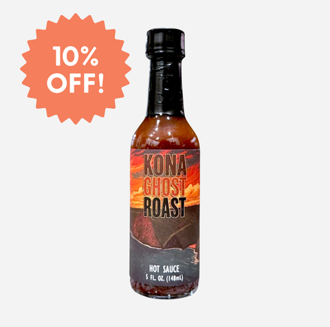 A bottle of Kona Ghost Roast hot sauce on a light gray background with a coral-orange starburst badge in the top-left corner reading '10% OFF!'. The product is a 5 fl.