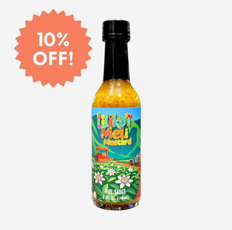 A bottle of Hiko'i Meli Mountain Hot Sauce on a light gray background, featuring a bright orange starburst sticker that reads '10% OFF!' in the upper left corner.