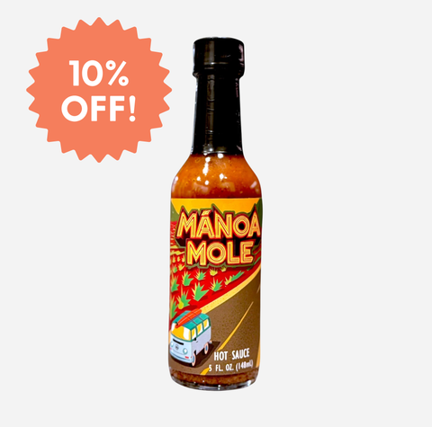 A bottle of Manoa Mole hot sauce centered on a light gray background, with a coral-orange starburst overlay in the top-left reading '10% OFF!'. The bottle contains reddish-brown sauce and has a colorful label with the brand name 'MANOA MOLE' and a small illustrated vehicle.