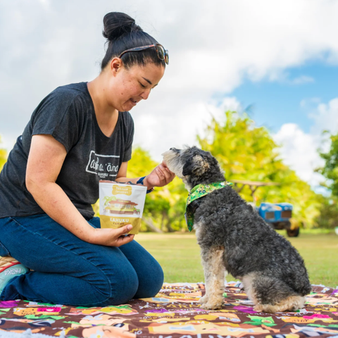 Woman feeding a dog from a bag outdoors on a sunny day