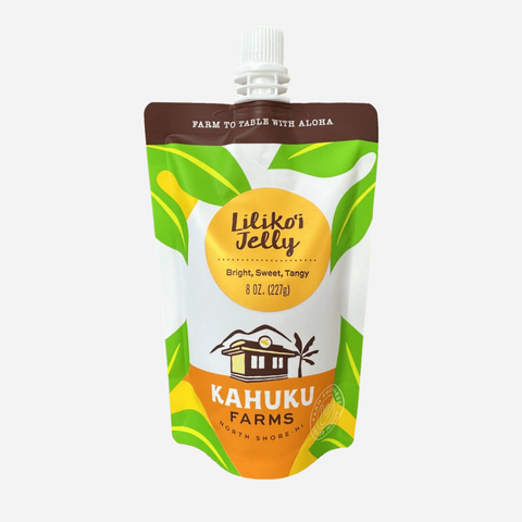 Lilikoi Jelly packaging from Kahuku Farms on a white background