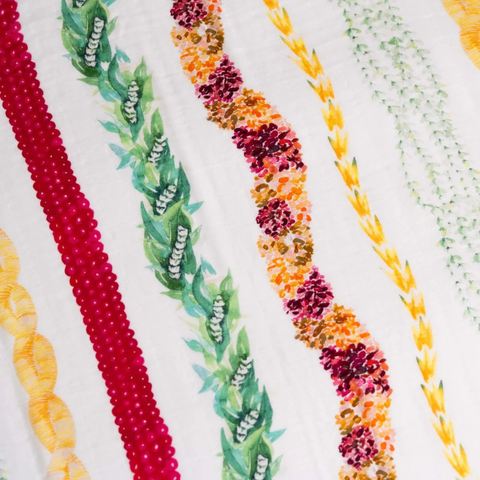 Colorful beaded necklaces with floral patterns on a white background