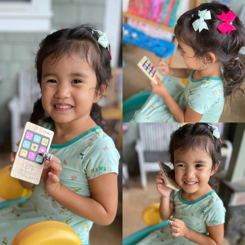 Collage of a young girl playing with educational toys in a home setting.