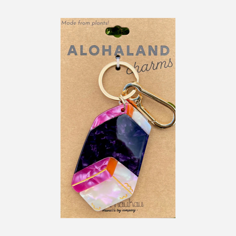 Colorful keychain on a brown card with 'Alohaland' branding