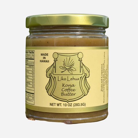 Jar of Liko Lehua Kona Coffee Butter with gold lid on a white background
