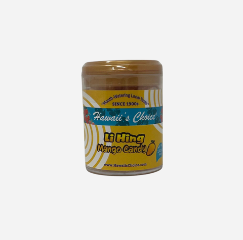 A jar of Li Hing Mango Candy by Hawaii's Choice, featuring a yellow and blue label with a brown lid, set against a plain light gray background.