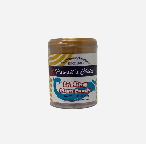 A jar of Li Hing Plum Candy by Hawaii's Choice, featuring a brown lid and a colorful label with blue, red, and yellow accents, set against a plain light gray background.