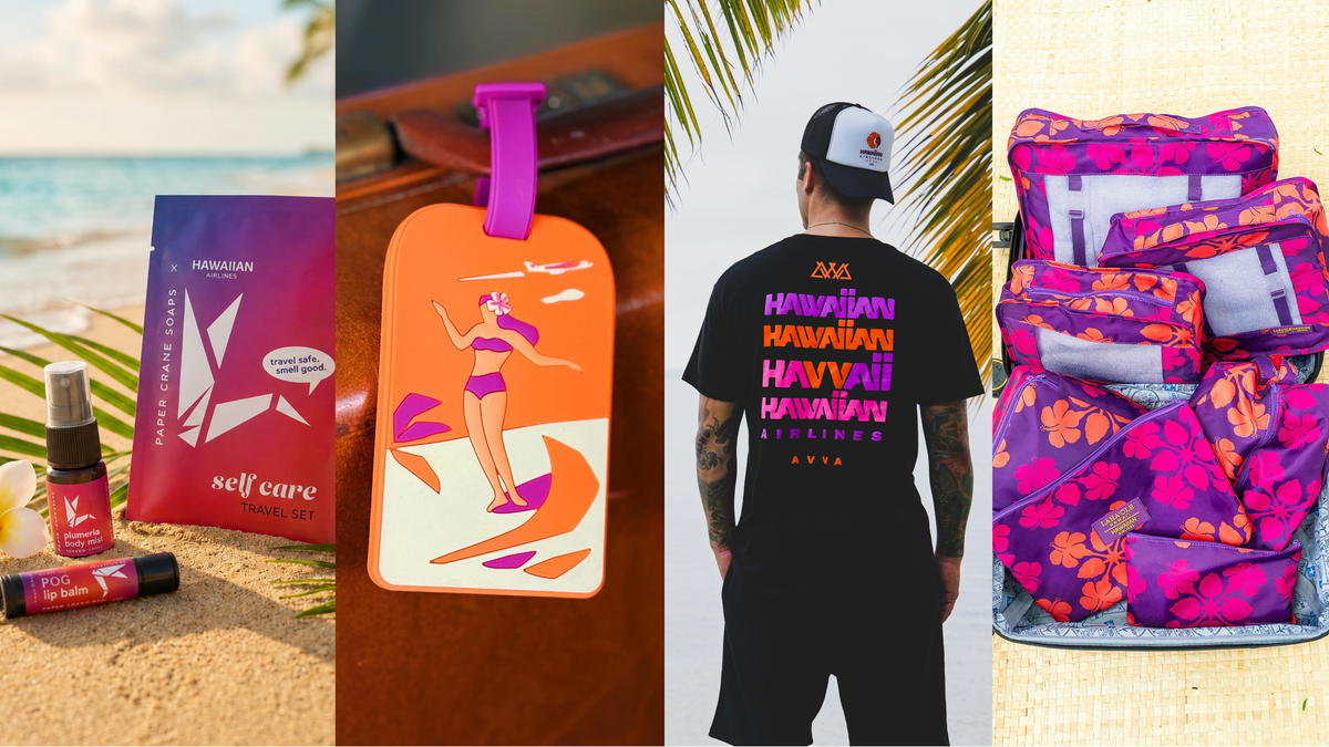 A four-panel collage showing tropical-themed travel and self-care products: a pink and purple self-care set on a beach, an orange luggage tag with a pink strap and beachboard illustration, a man wearing a black Hawaii flight crew t-shirt, and a matching Hawaiian floral packing cube set.
