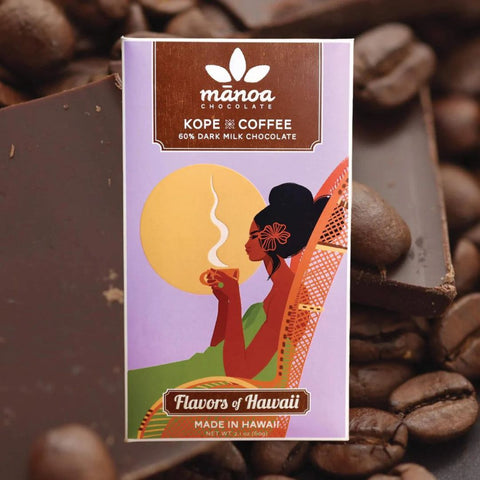 Manoa Chocolate Kope Coffee packaging with coffee beans in the background