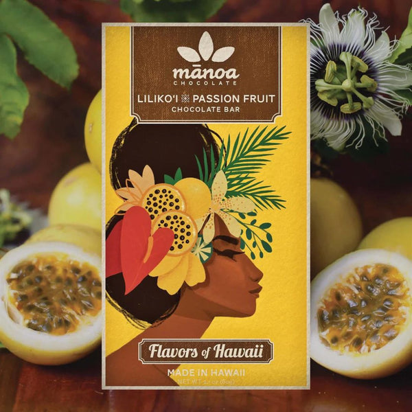 Manoa Liliko'i Passion Fruit chocolate bar packaging with passion fruit and leaves in the background