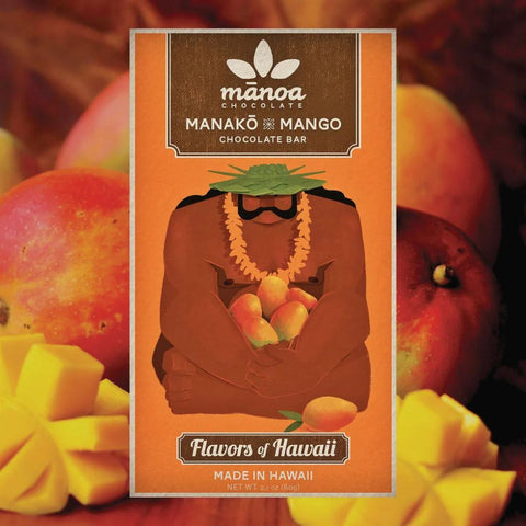Manoa Chocolate Manako Mango chocolate bar packaging with mangoes in the background