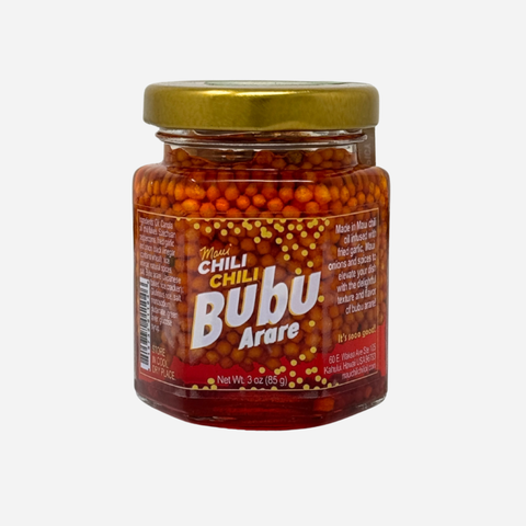 Jar of Bubu Arare with a gold lid on a white background