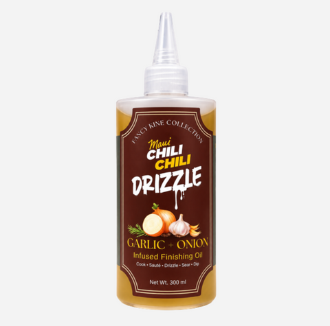 A 300 ml squeeze bottle of Drizzle Infused Finishing Oil from the Fancy Rine Collection, featuring a dark brown label with chili and garlic illustrations, on a light gray background.
