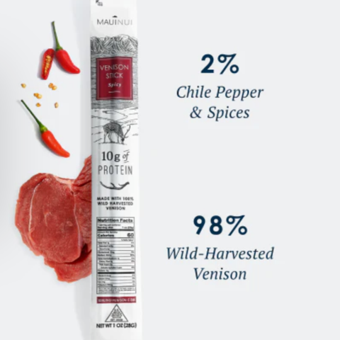 Venison stick packaging with chili peppers and text on a white background