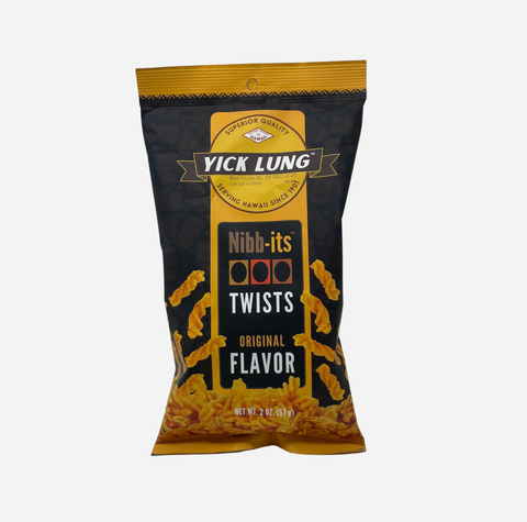 A bag of Yick Lung Nibb-its Twists Original Flavor tortilla chips on a light gray background.