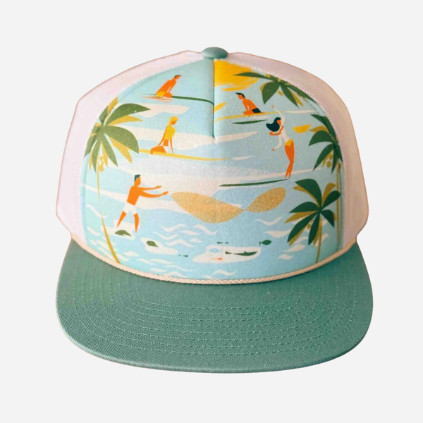Cap with beach scene design on a white background