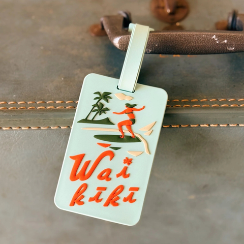 Luggage tag with 'Waikiki' design on a suitcase
