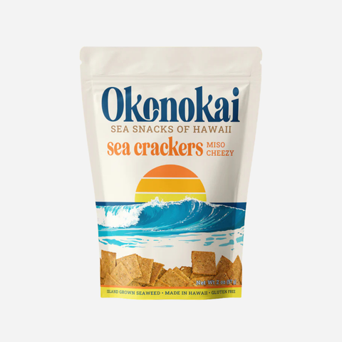 Packaging of Okonokai sea crackers with a wave design on a white background