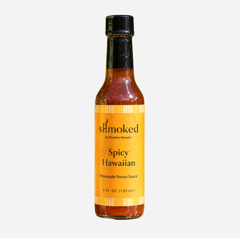 A 5 fl oz bottle of Spicy Hawaiian Ponzu Sauce, featuring a bright yellow label and a black cap, set against a plain light gray background.