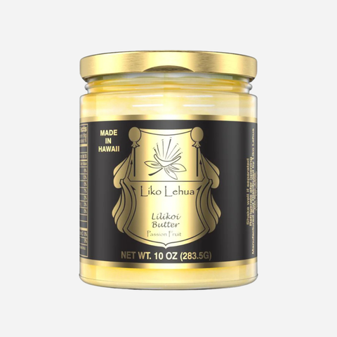 Jar of Liko Lehua Lilikoi Butter with gold lid on a white background