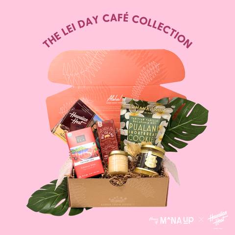 Gift box with products from The Lei Day Café Collection on a pink background