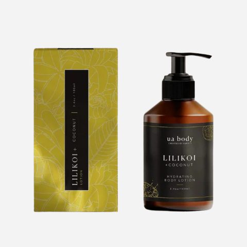 Brown lotion bottle with pump and yellow packaging on a white background