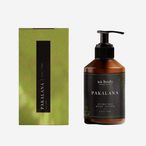 Pakalana body lotion bottle and packaging on a white background