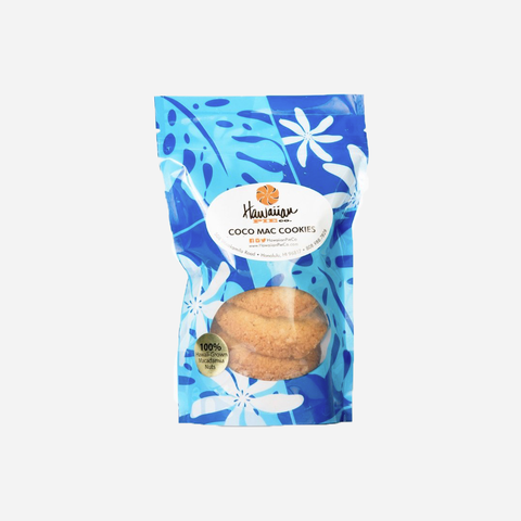 Packaged cookies with a blue floral design on the packaging