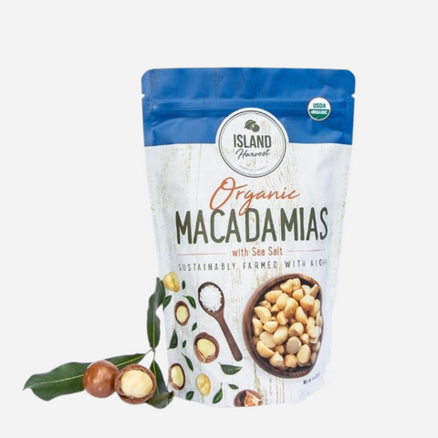 Package of Island Harvest Organic Macadamias with Sea Salt on a white background