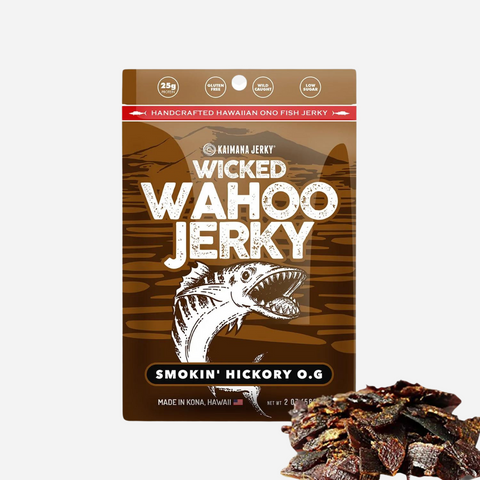 Wicked Wahoo Jerky packaging with jerky pieces on a white background