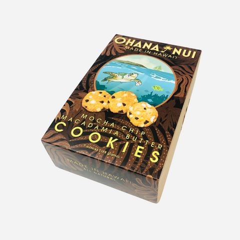 Box of Ohana Nui mocha chip cookies with a scenic design on the label.