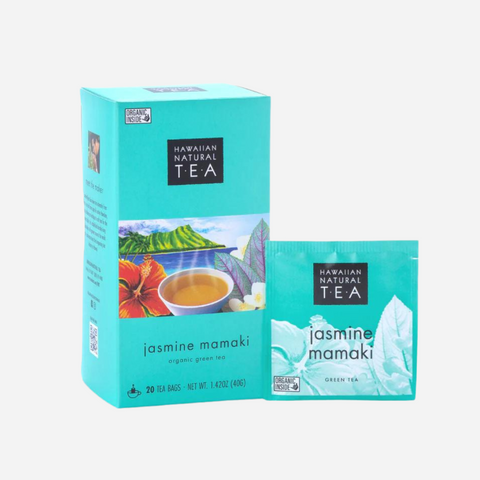 Hawaiian Natural Tea Jasmine Mamaki packaging on a white background