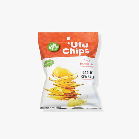 'Ulu Chips Garlic Sea Salt packaging on a white background