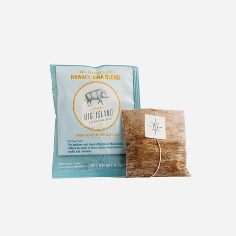 Big Island Coffee Rosters single serve steamer bag on a white background
