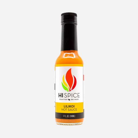 Bottle of Hispice Lilikoi Hot Sauce on a white background