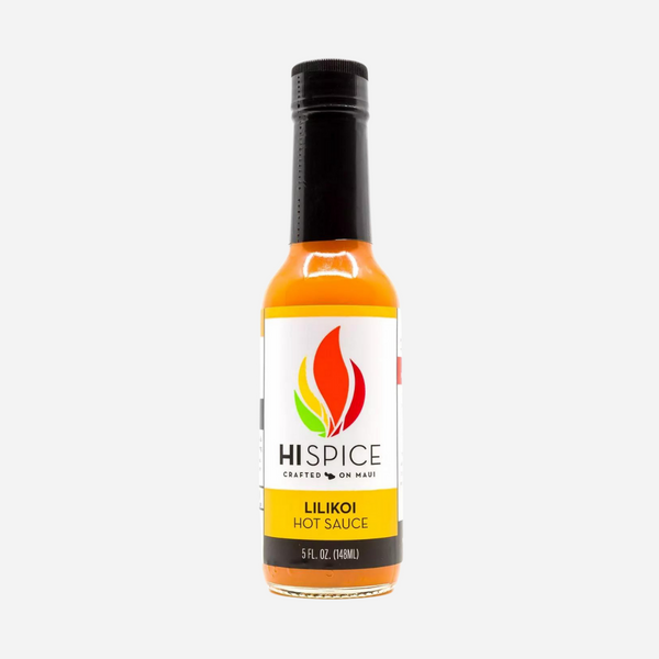 Bottle of Hispice Lilikoi Hot Sauce on a white background