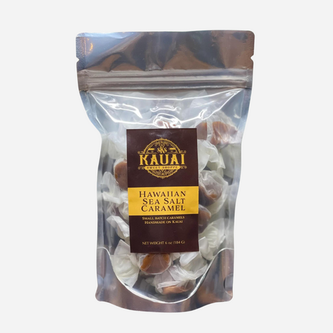Packaged Hawaiian sea salt caramel with Kauai Caramel label on a white background