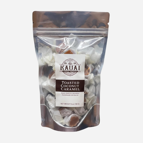 Packaged toasted coconut caramel with Kauai Caramel label on a white background