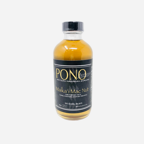 Bottle of Pono Maka'i Mac Nut syrup on a white background