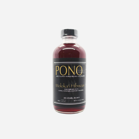 Bottle of Pono Artisan Hawaiian Syrups on a white background